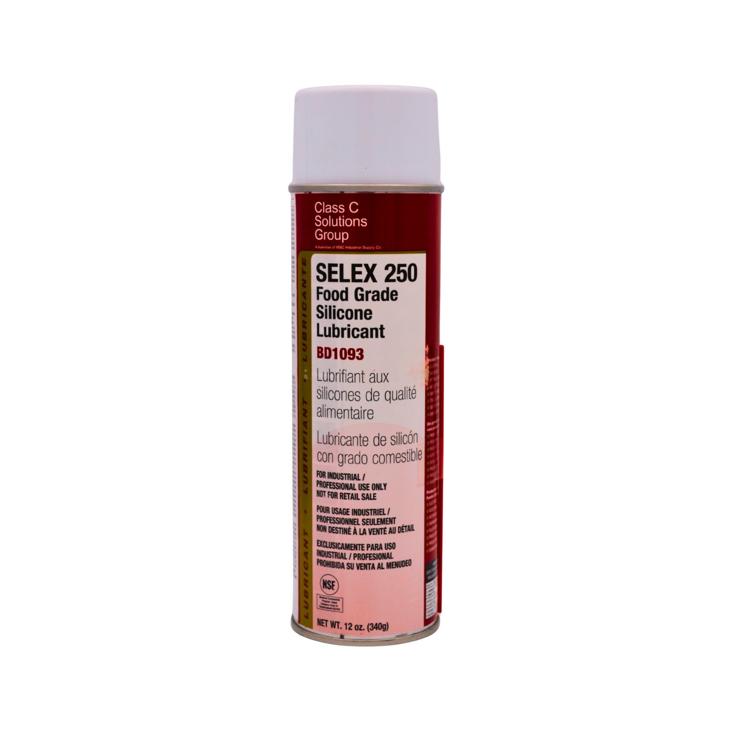 A red can of Selex 250 Food Grade Silicone Lubricant on a white background