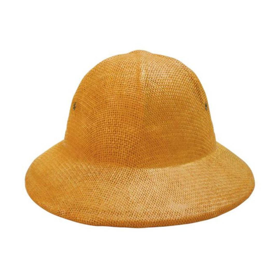 A tan helmet-style hat with an adjustable band, designed for seamless coverage when paired with veils on a white background