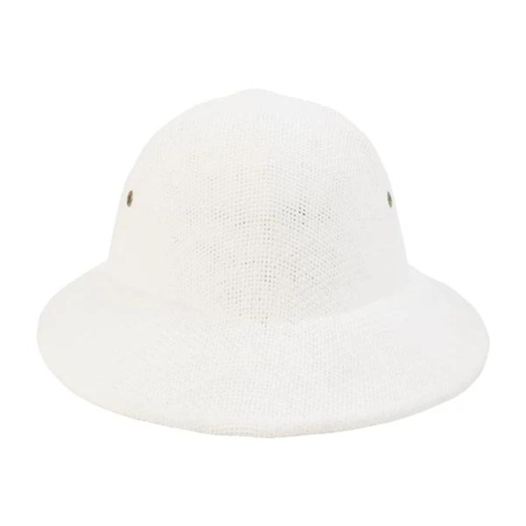 A white helmet-style hat with an adjustable band, designed for seamless coverage when paired with veils on a white background