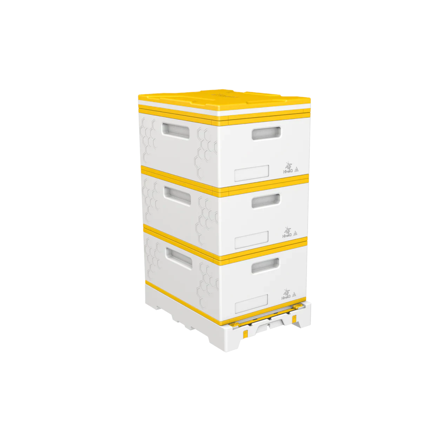 Three-story HiveIQ kit that includes three supers, a top, a metal queen exlcuder, and a bottom on a white background