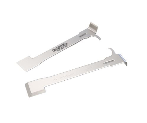 A hive tool with a chiseled square blade and uniquely angled J-hook, made from stainless steel and features the
