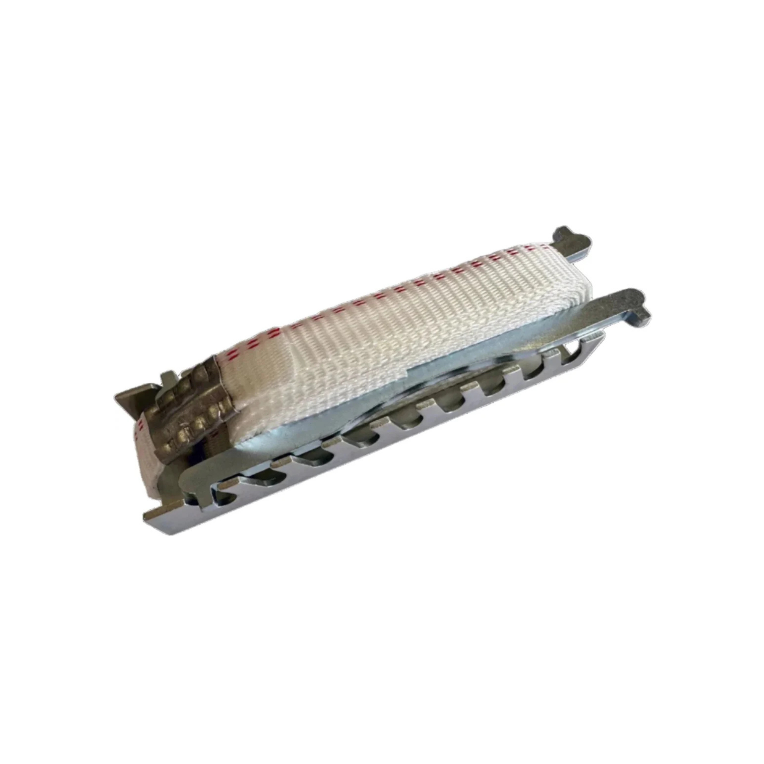 Metal hive strap tightener with a white woven strap wound around it, featuring a notched metal base for securing beehive straps, shown against a white background.
