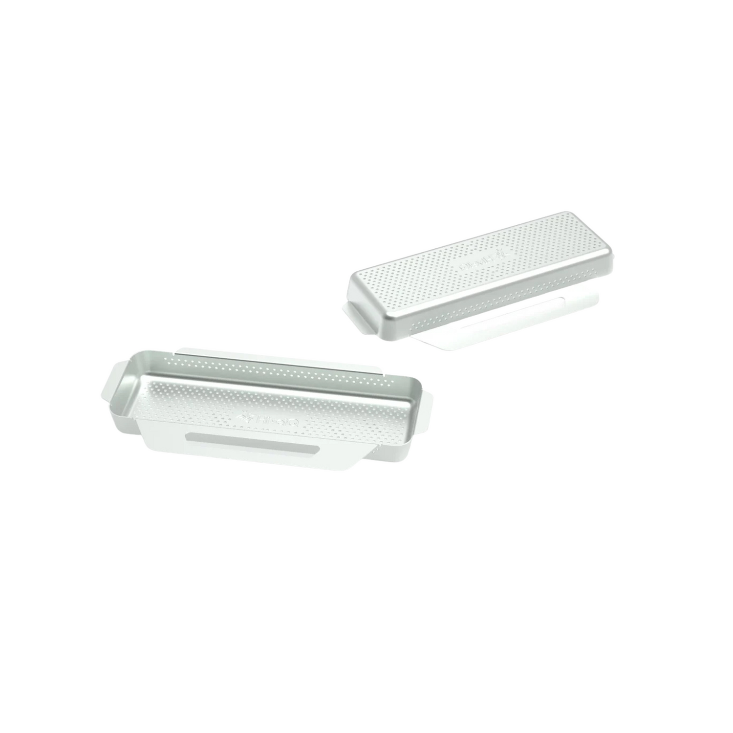 Two metallic rectangular trays to place inside the pollen collector on a white background