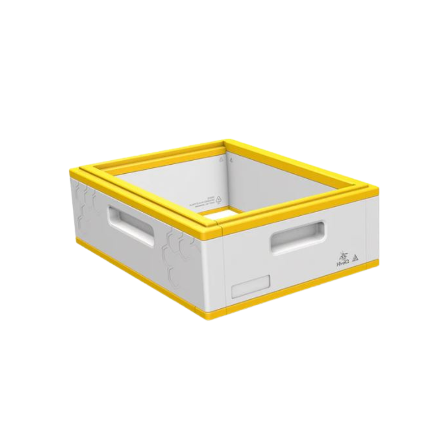 white box with handles and yellow trim on white background
