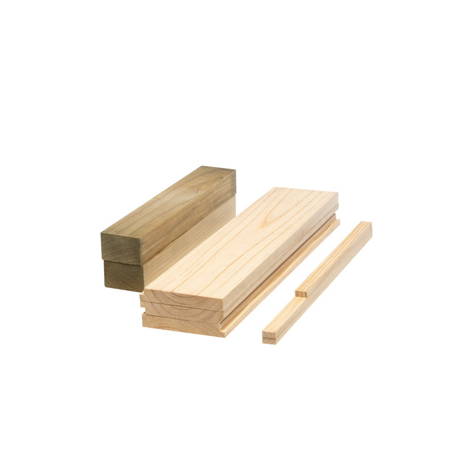 A set of components for an unassembled Alliance wooden bottom boards for a beehive on a white background.