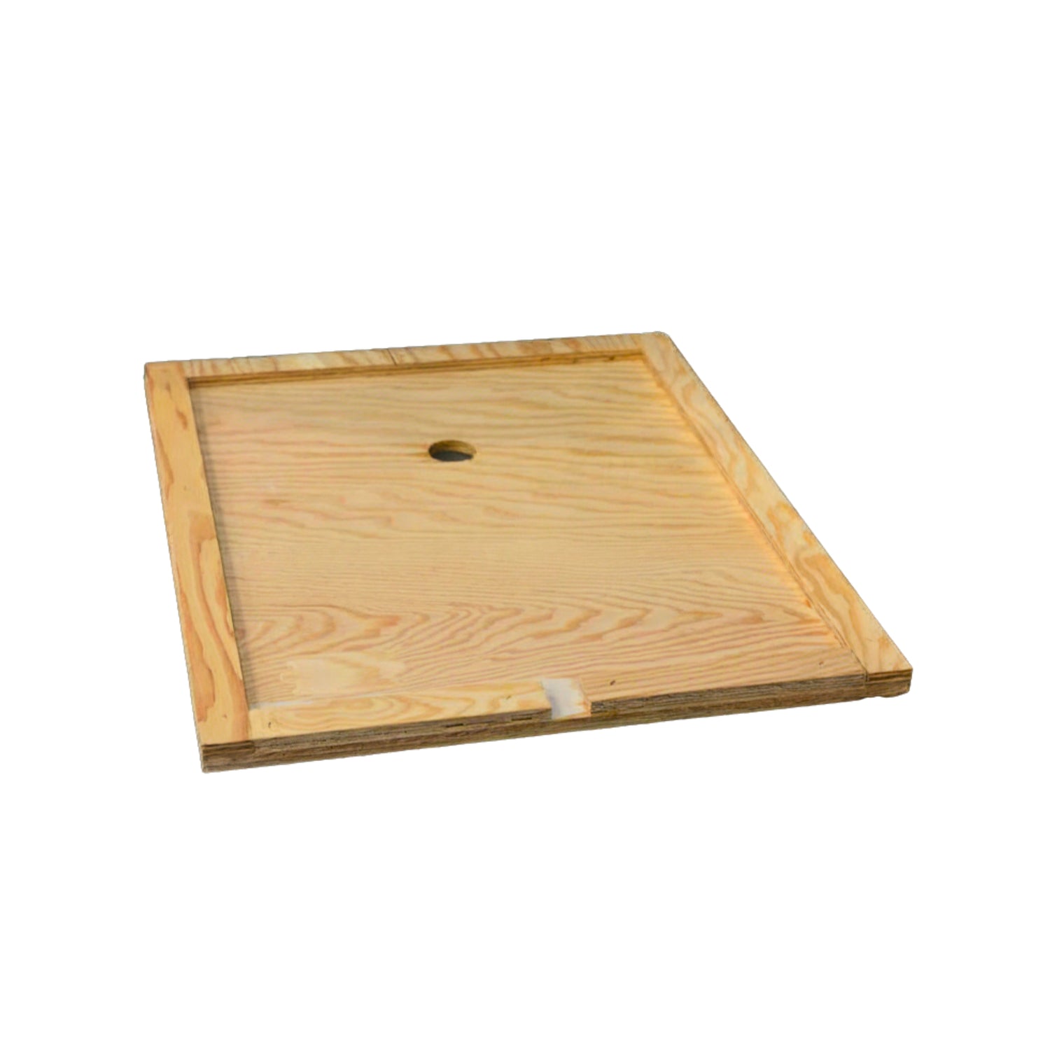 A wooden inner cover with a hole on a white background