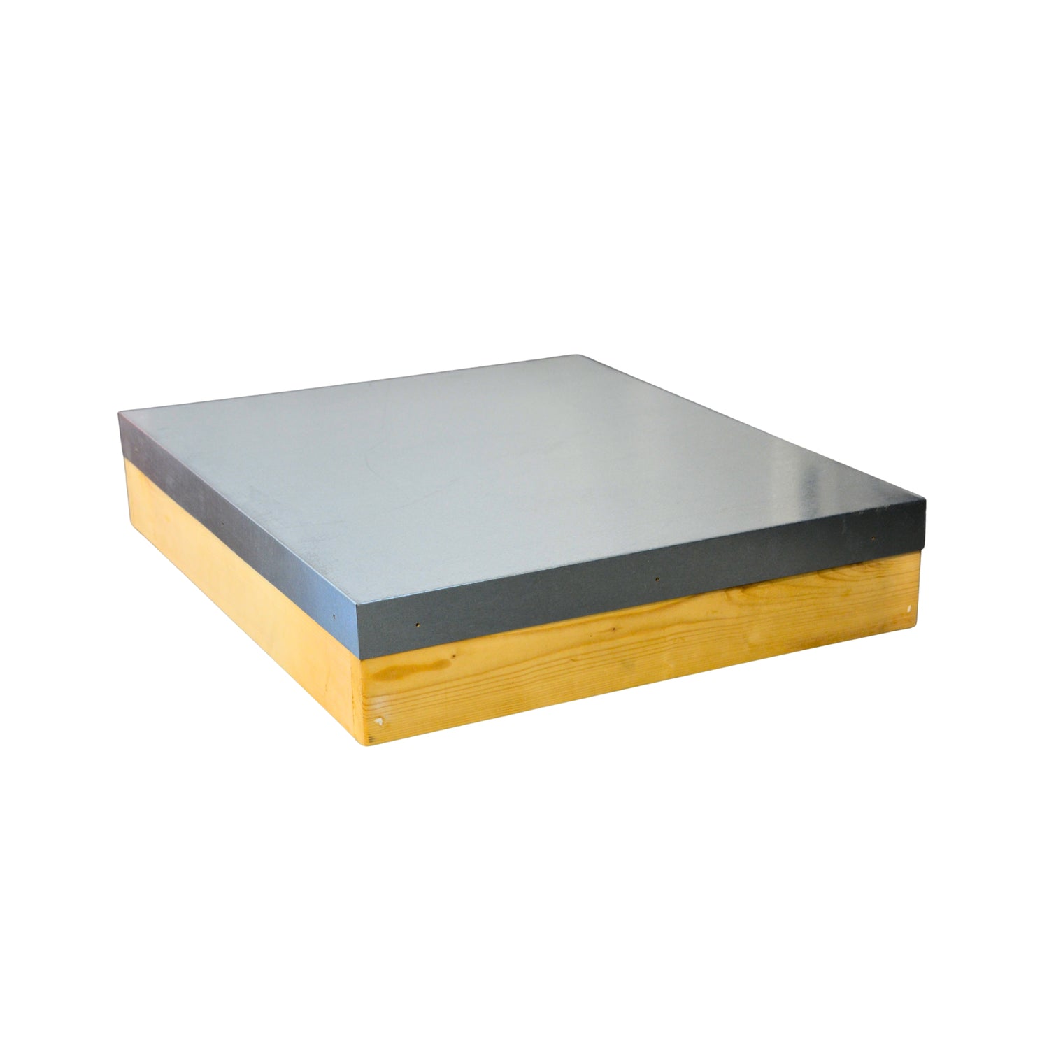 A wooden hive cover with a metal top on a white background