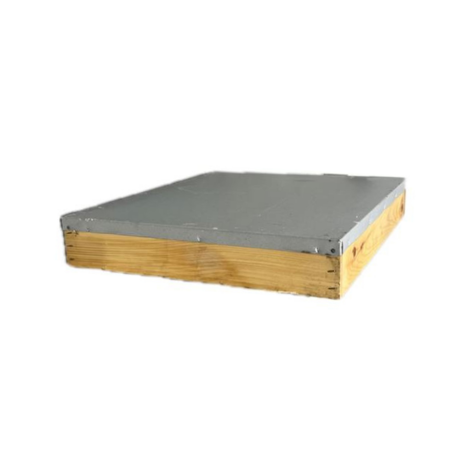 Wax-dipped wooden hive cover with a metal top on a white background.
