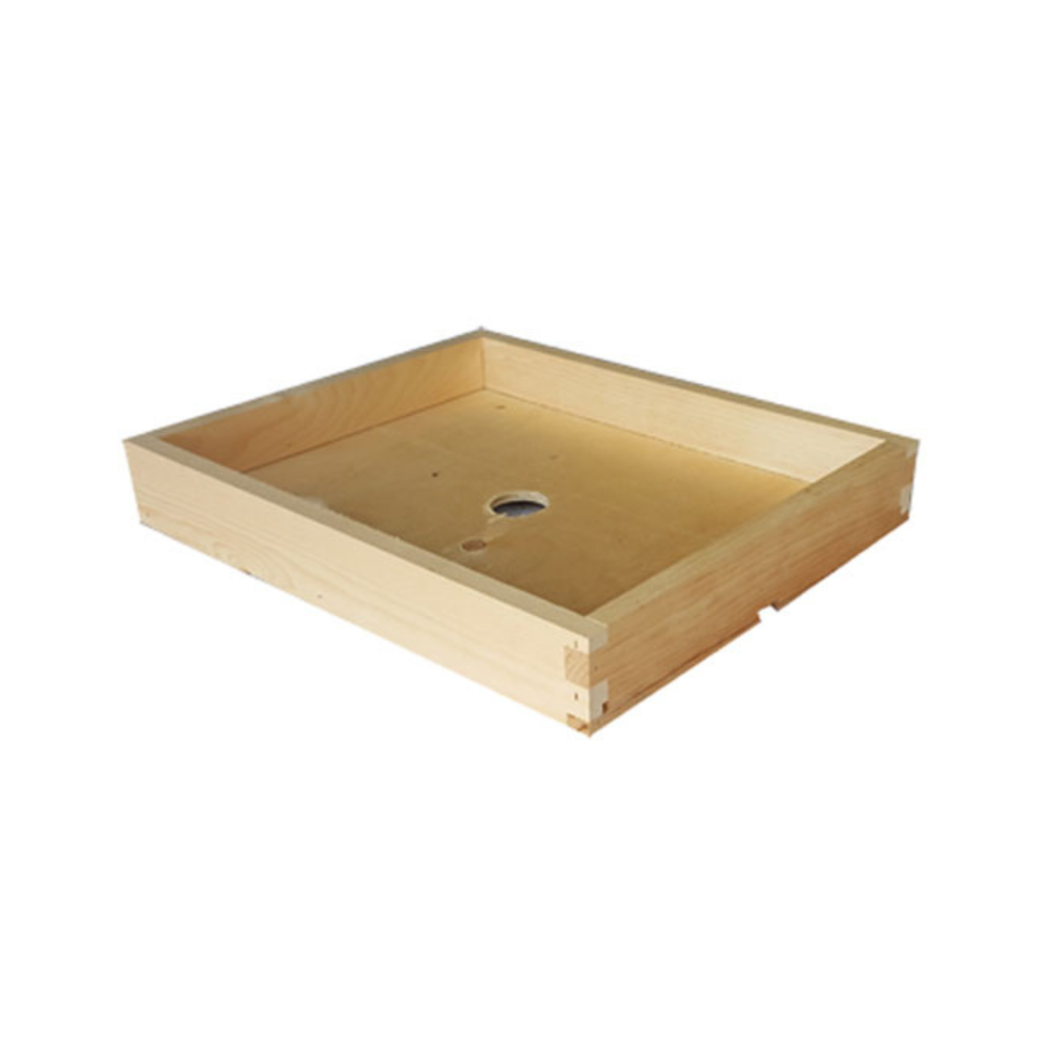 A wooden deep inner cover with a hole in the center on a white background