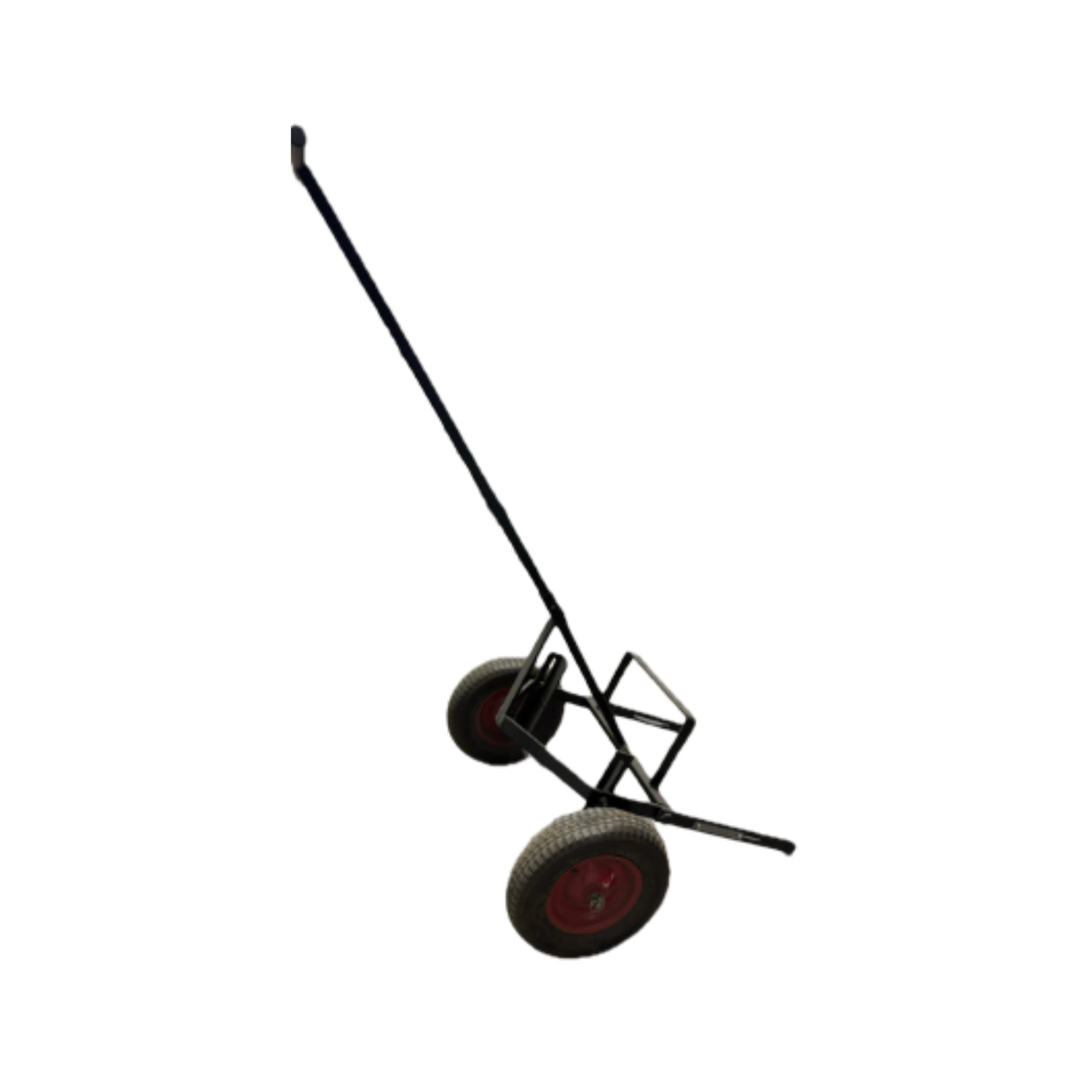 metal cart with red and black wheels on white background