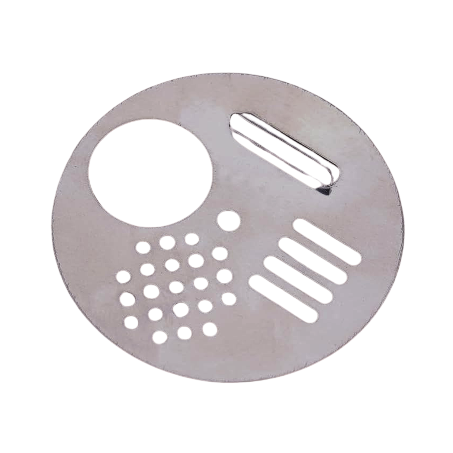 metal disc with various openings on marbled background