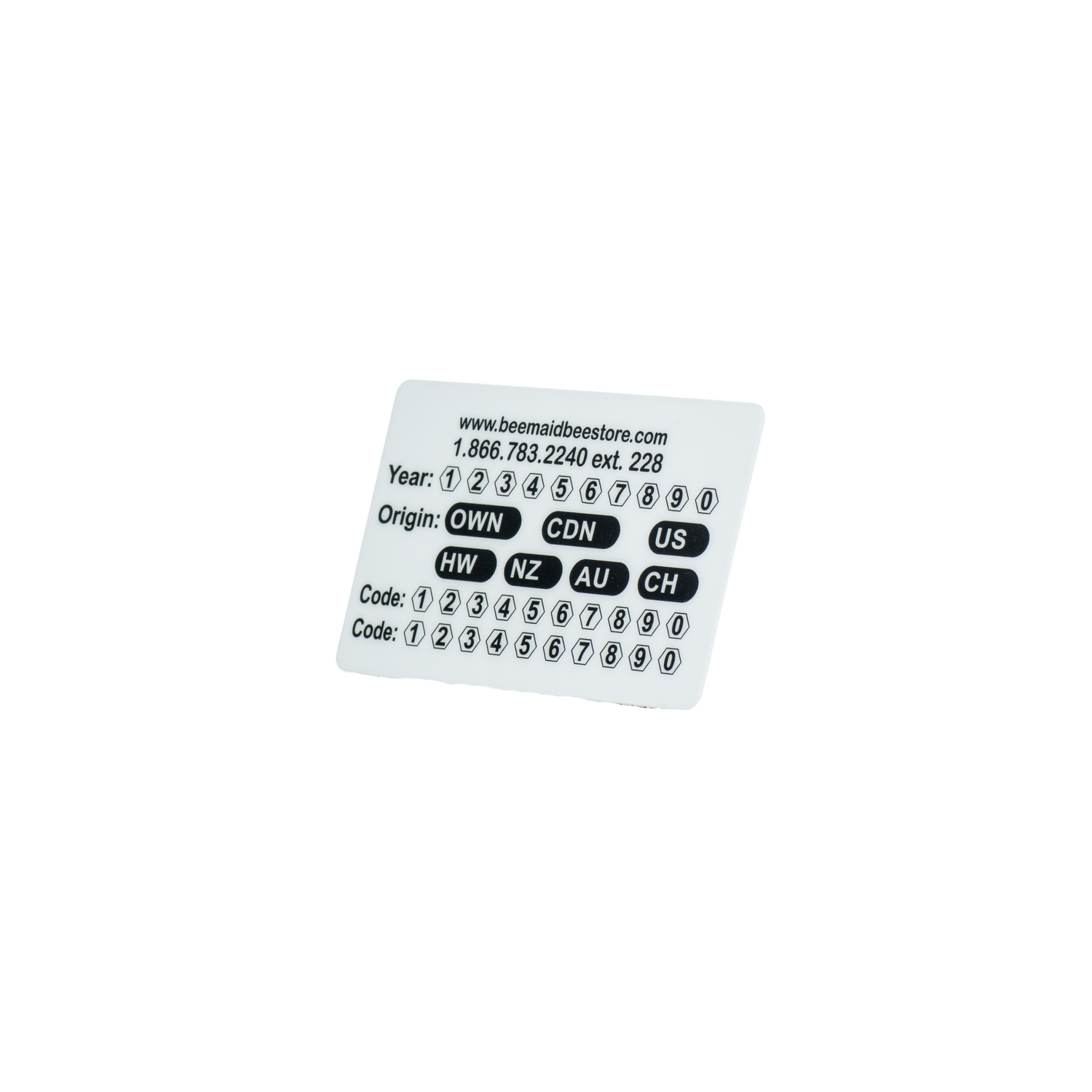 A side view of a white metal hive tag with black text and coding, designed for identifying bee hives with origin codes on a white background