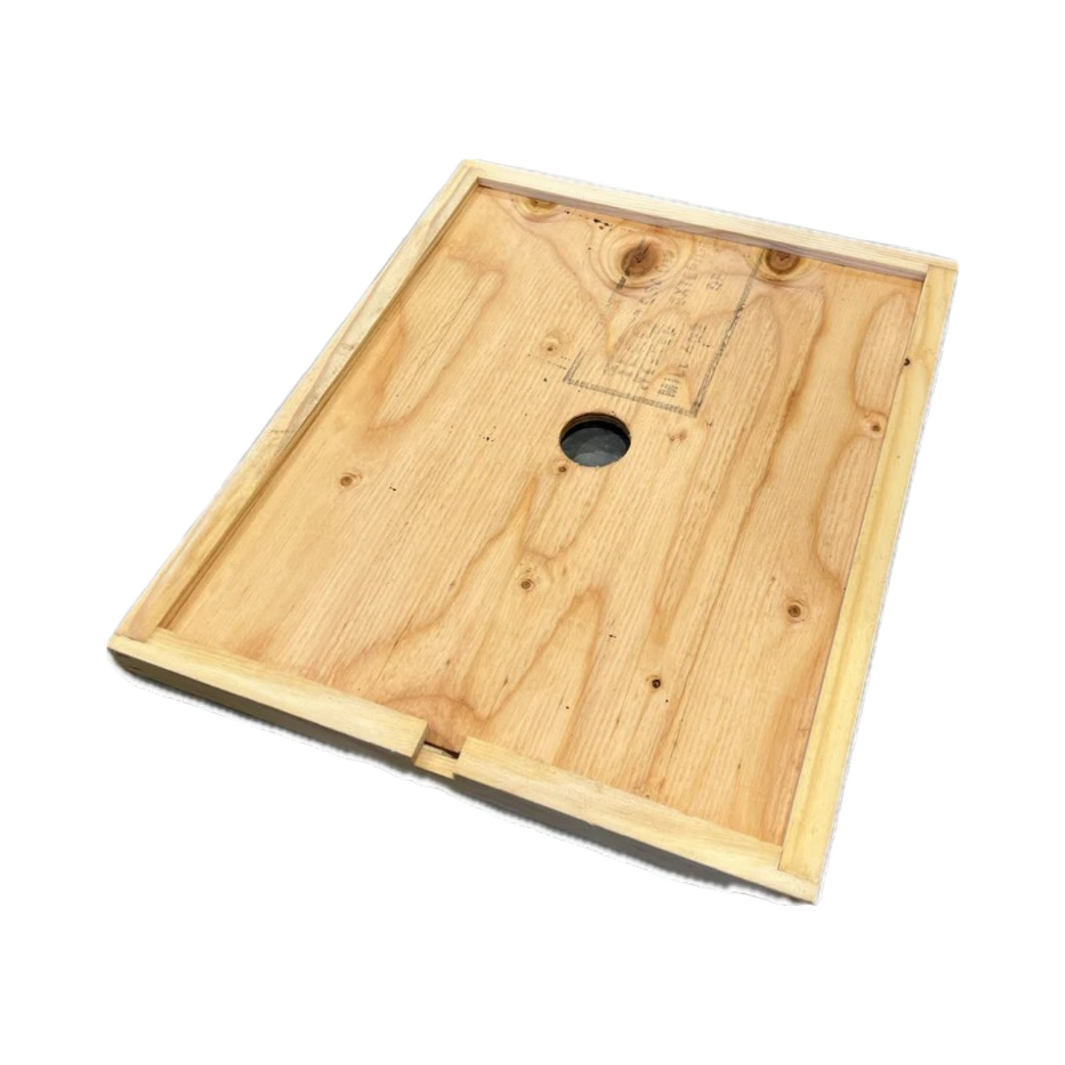 Wooden inner board for a beehive with a central hole and ventilation slit, featuring a wax coating.