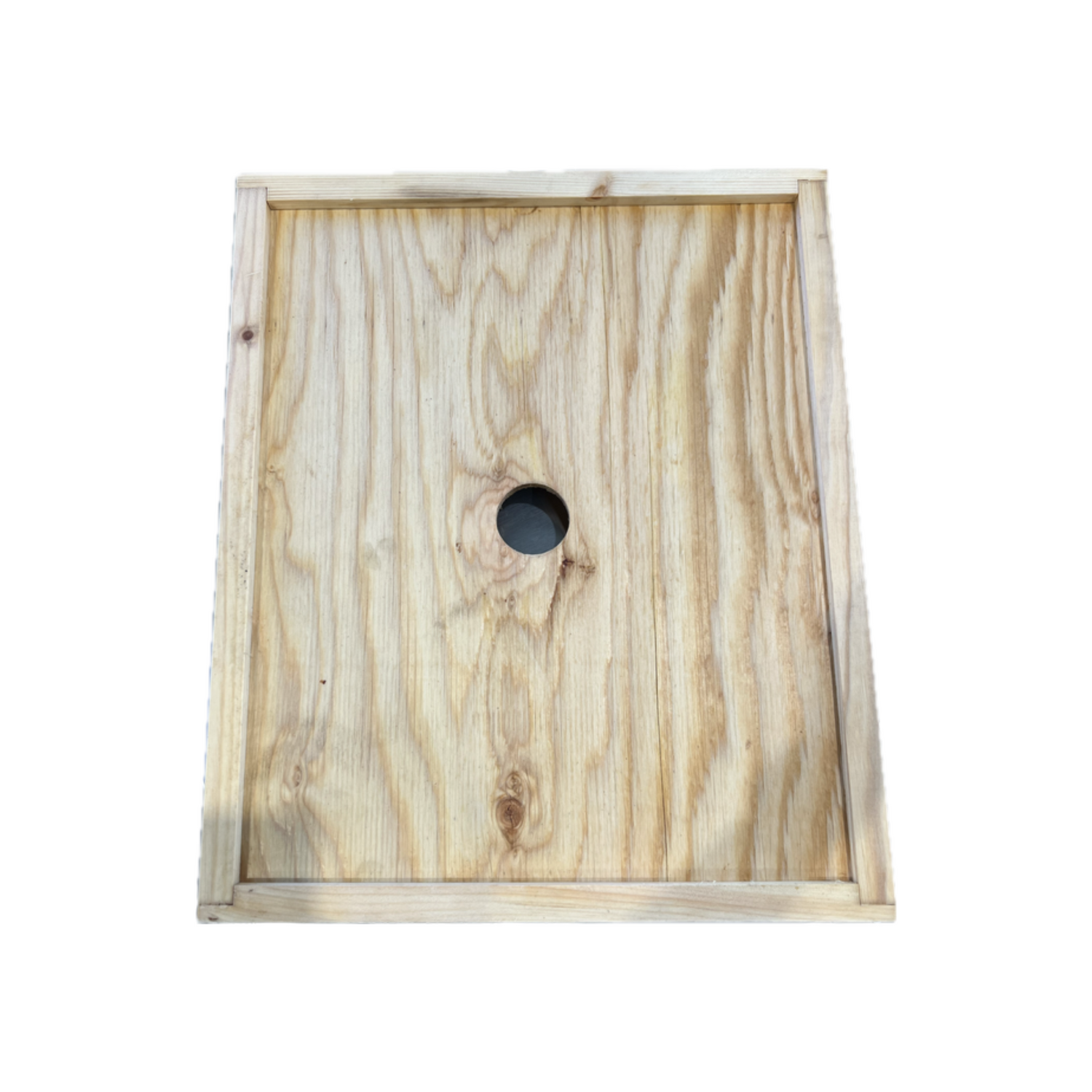 Wooden inner board for a beehive with a central hole and ventilation slit, featuring a wax coating.