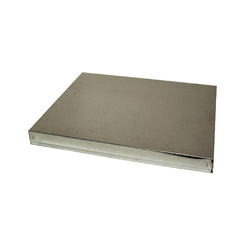 A metal sheet with notched and bent corners, designed to be used to create custom covers, on a white background