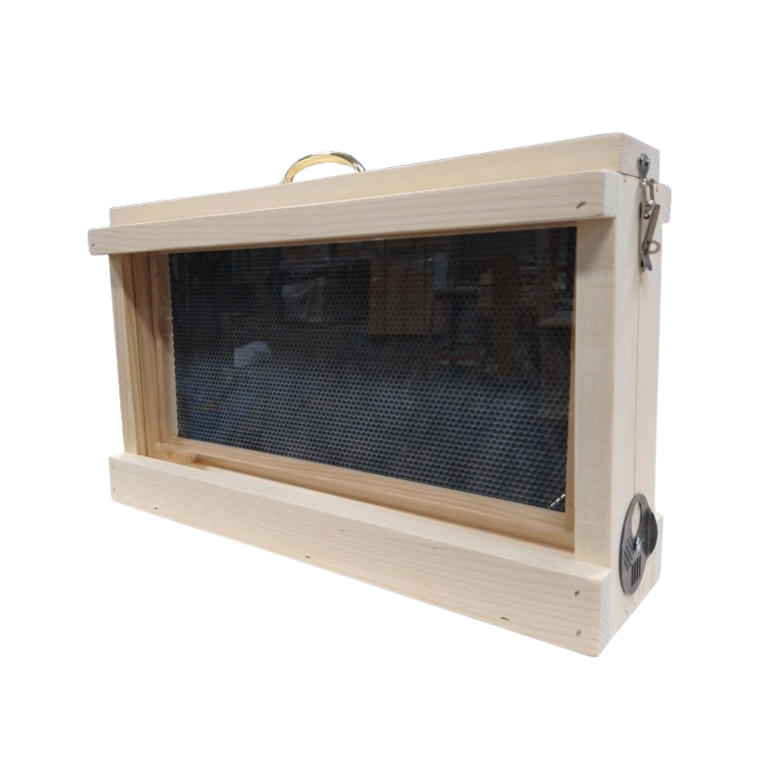 A portable five-frame observation hive made of wood with a mesh window, designed for educational purposes on a white background