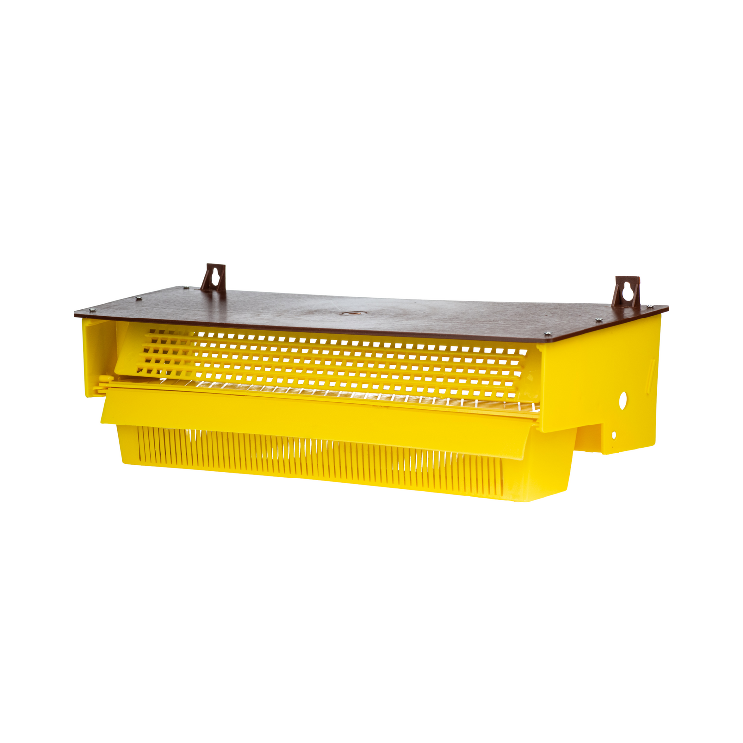 A yellow plastic pollen trap with a grid or mesh system, designed for collecting pollen from foraging bees.