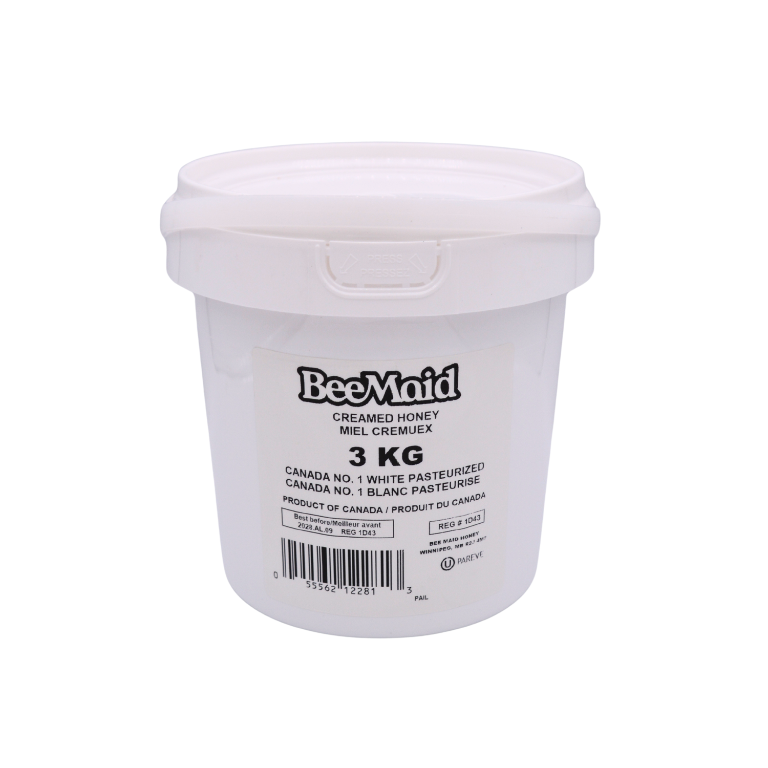 White container of BeeMaid creamed honey on a white background