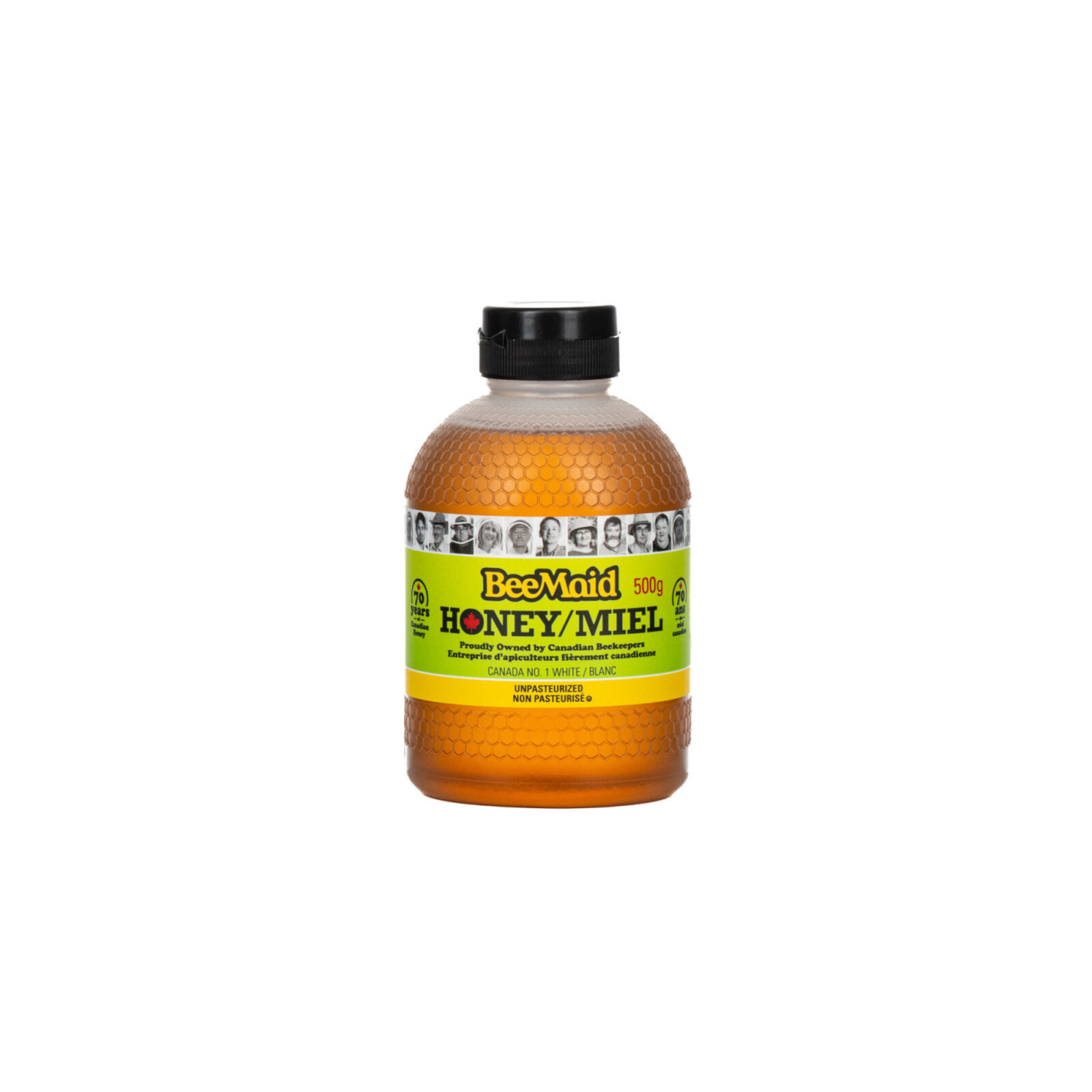 Bottle of BeeMaid honey with a green label on a white background