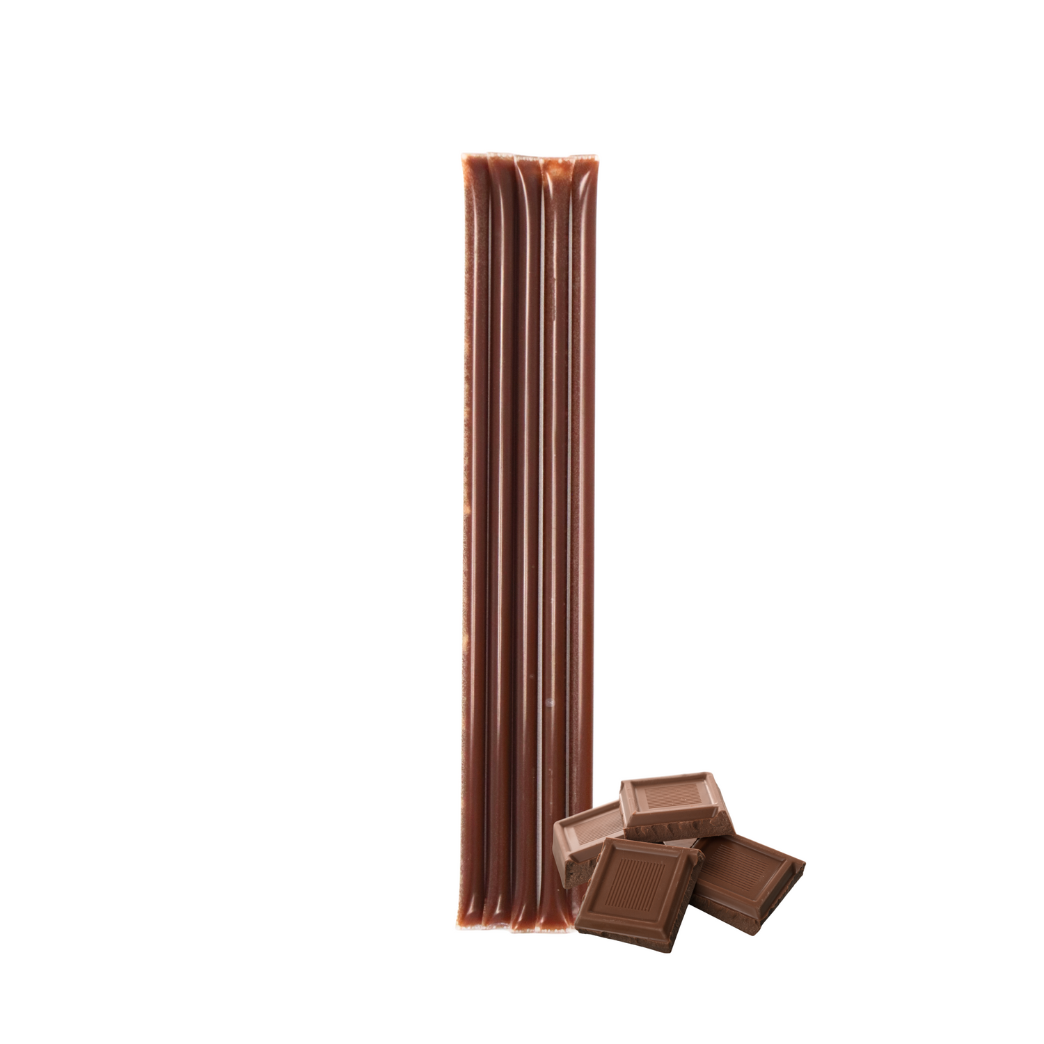 Five chocolate creamed honey stixs standing upright beside a small cluster of chocolate pieces on a white background.