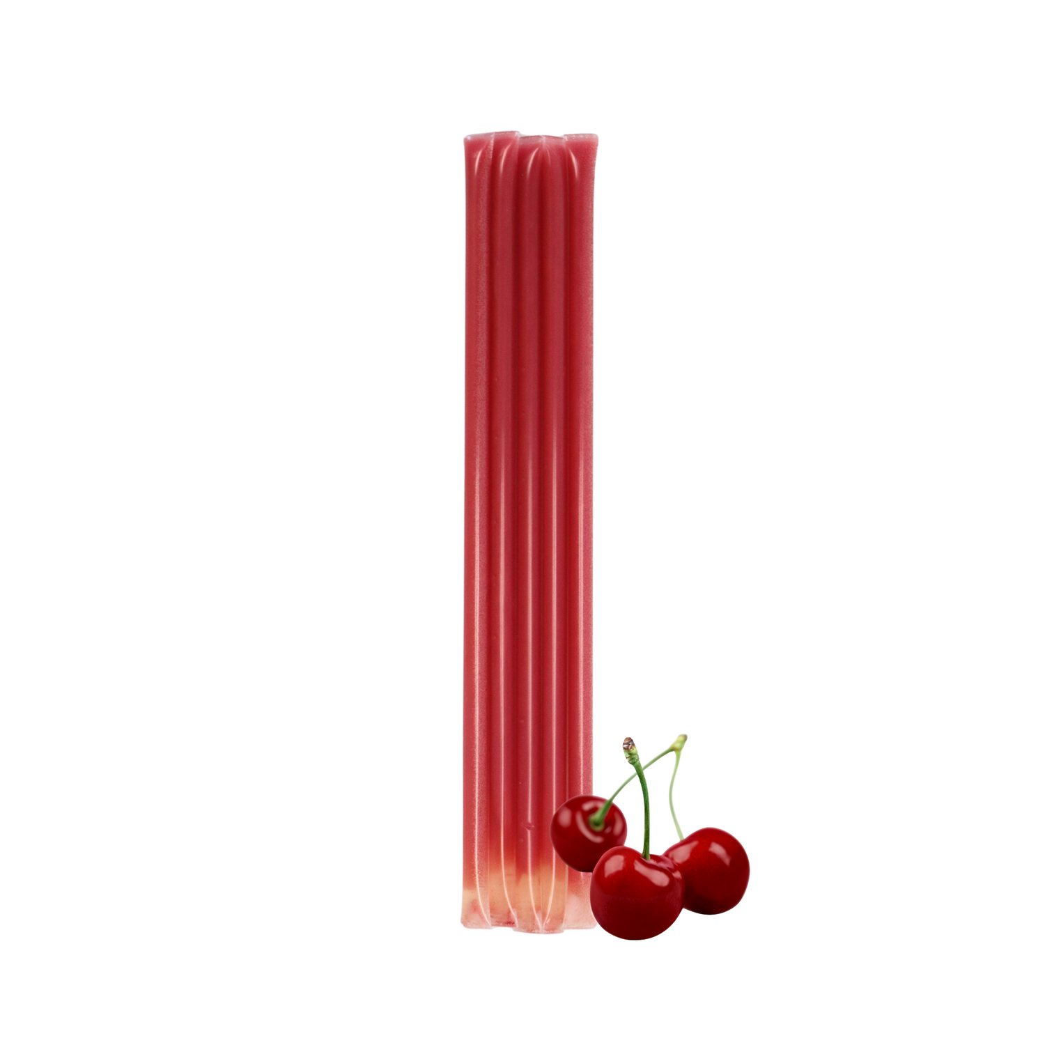 Five cherry creamed honey stixs standing upright beside a small cluster of cherries on a white background.