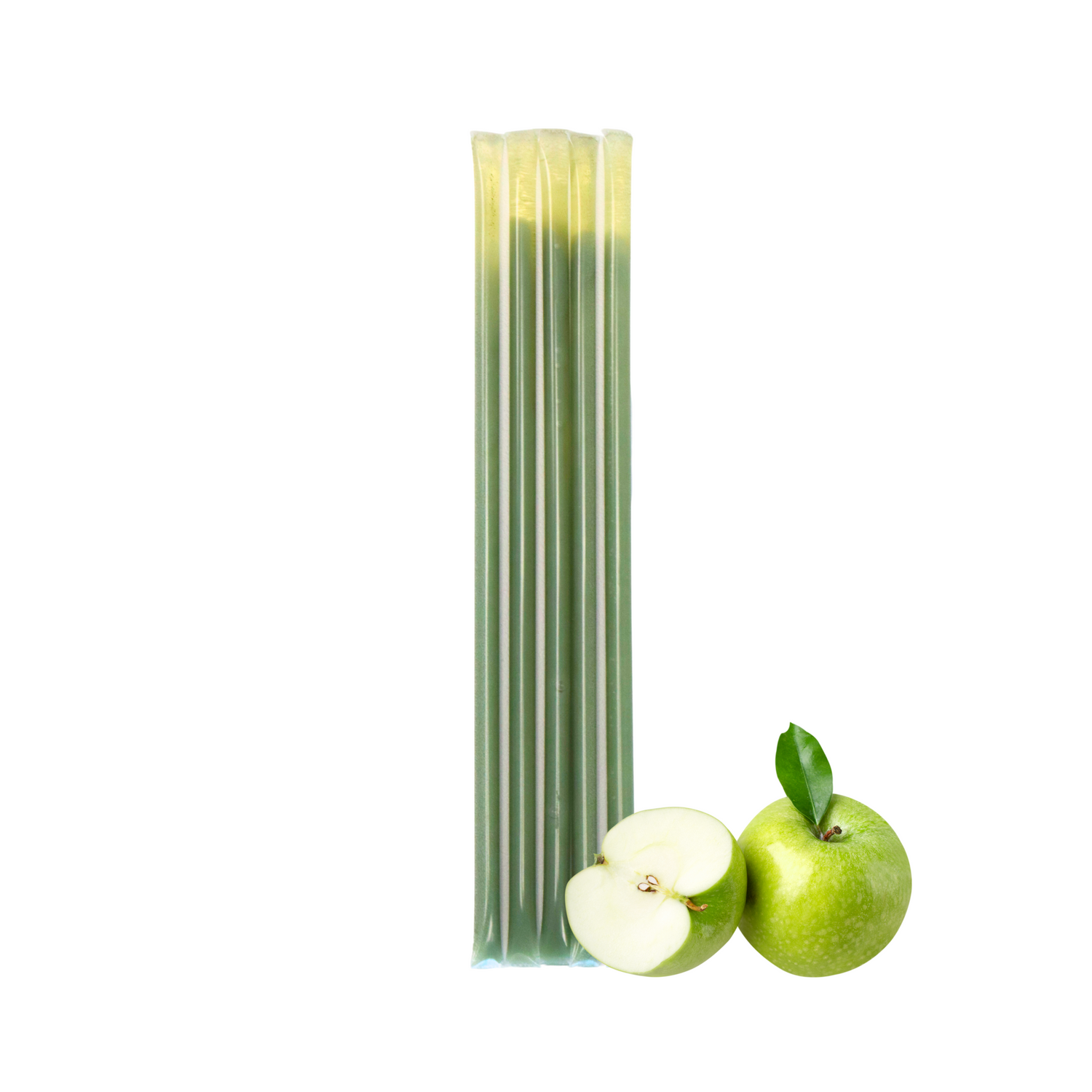 Five green apple creamed honey stixs standing upright beside a small cluster of green apples on a white background.