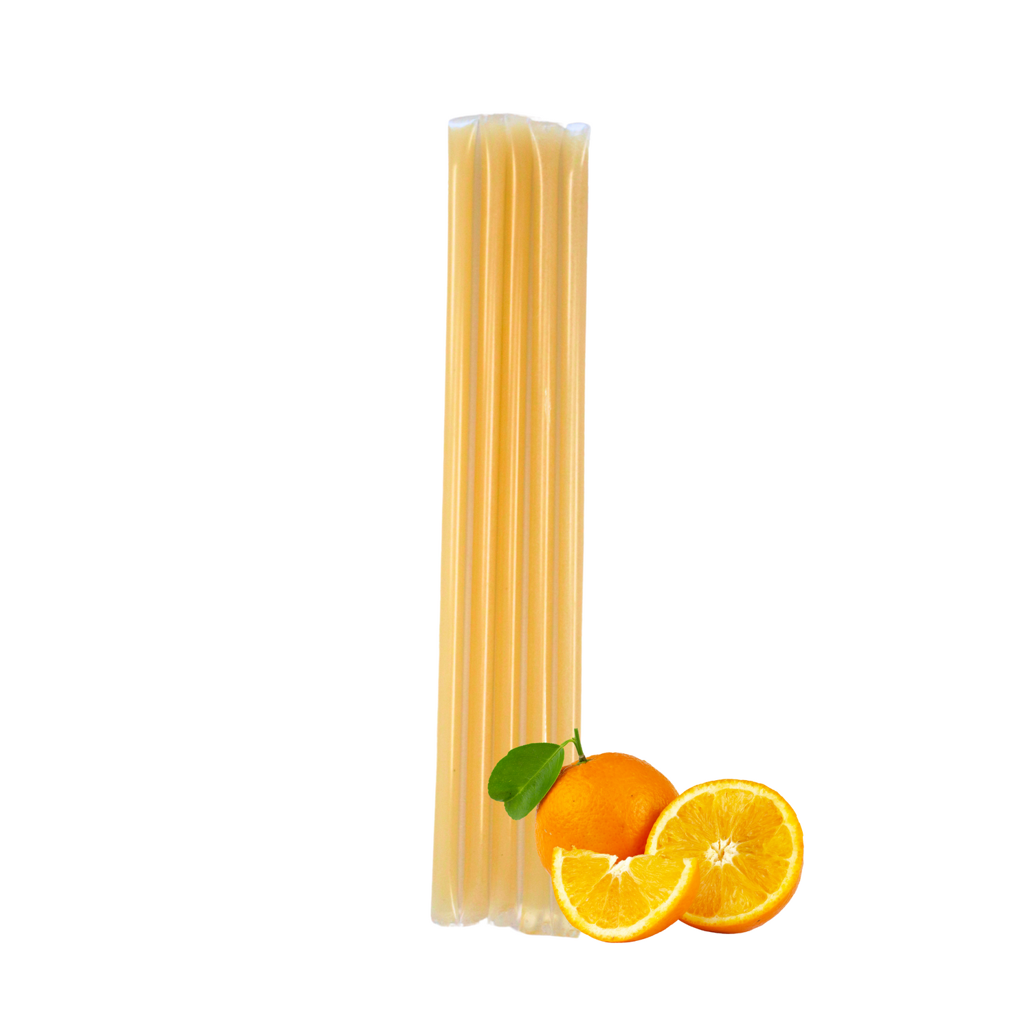 Five orange creamed honey stixs standing upright beside a cluster of orange pieces on a white background.