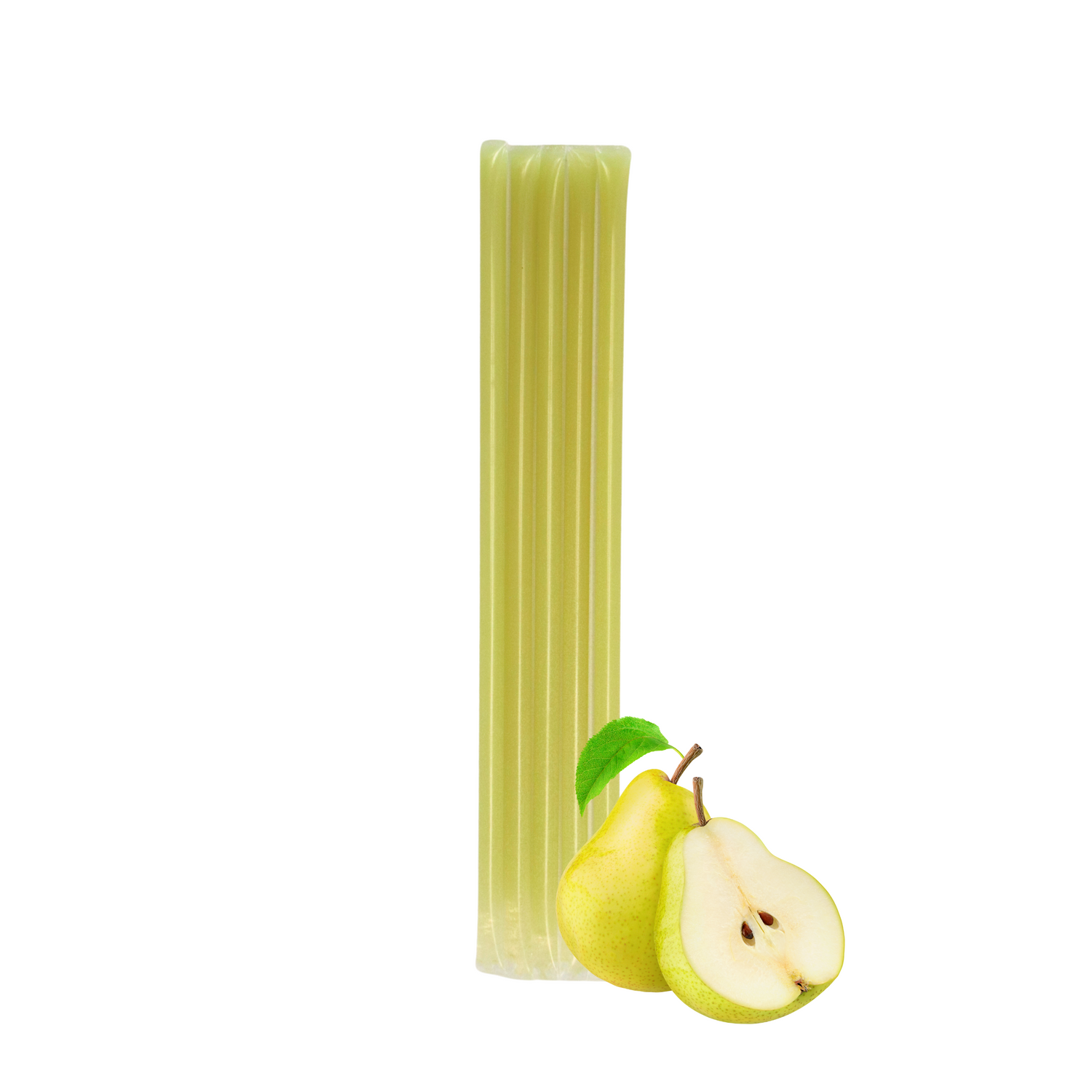 Five pear creamed honey stixs standing upright beside a cluster of pears on a white background.