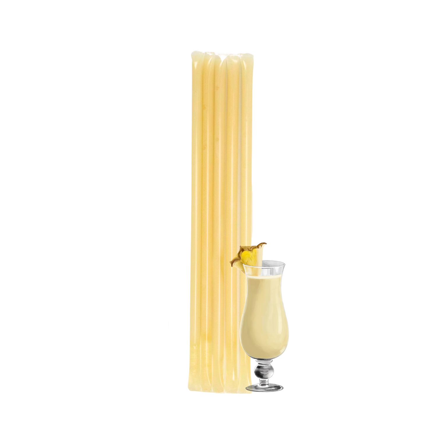 Five pina colada creamed honey stixs standing upright beside a pina colada glass on a white background.