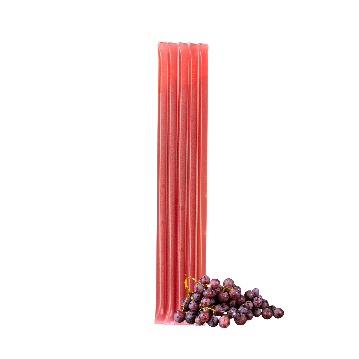 Five grape creamed honey stixs standing upright beside a small cluster of grapes on a white background.