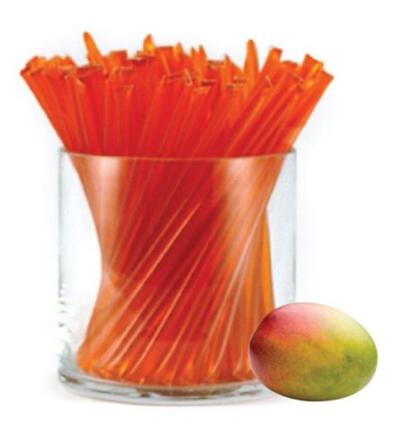 A glass jar of liquid honey stixs, in the flavour mango on a white background.