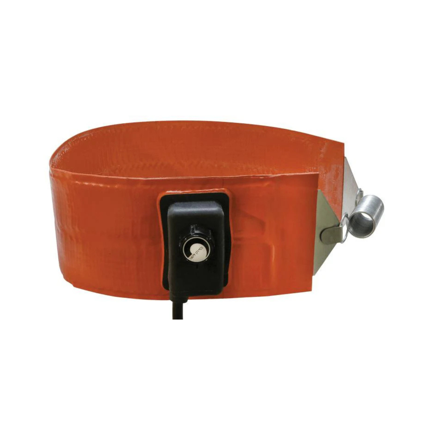 An orange belt used to heat 5 gallon pails with a black dial on a white background