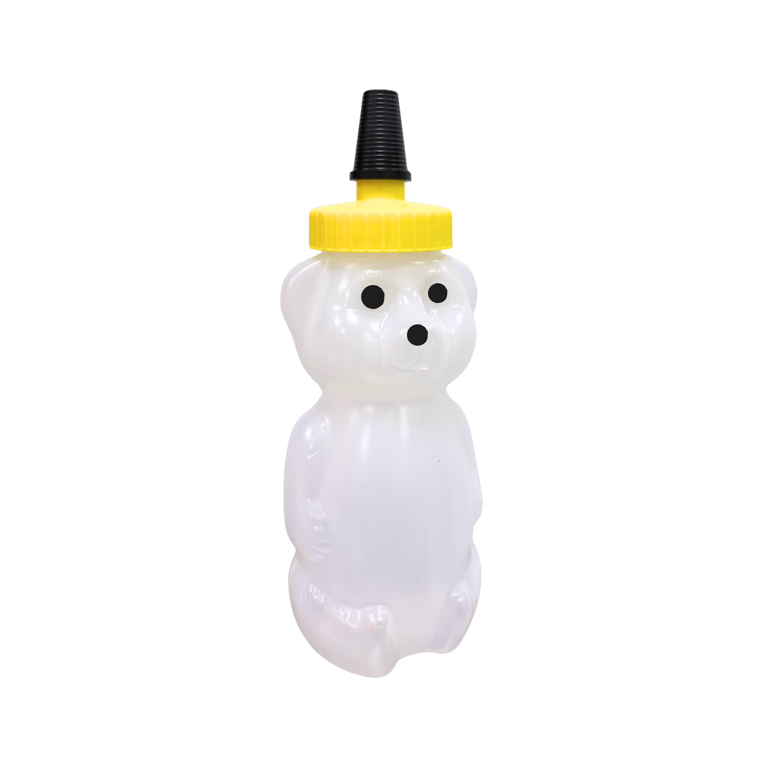 A 340-gram plastic squeeze bear with a secure screw-on yellow and black cone cap on a white background