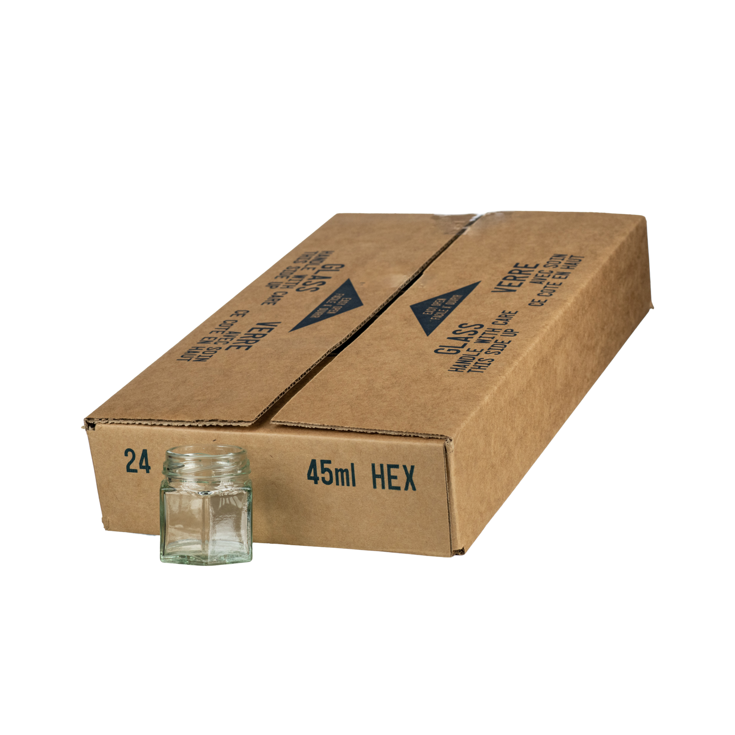 Clear 45mL glass hexagonal jar in front of a cardboard box containing a case of 24 on a white background