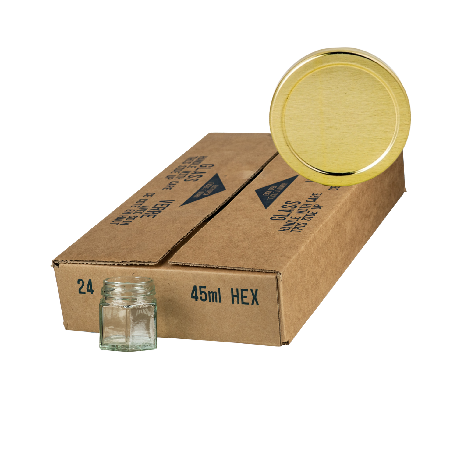 A case of 24 clear glass 45mL hexagonal jars, packaged in a cardboard box on a gold lid in the corner on a white background
