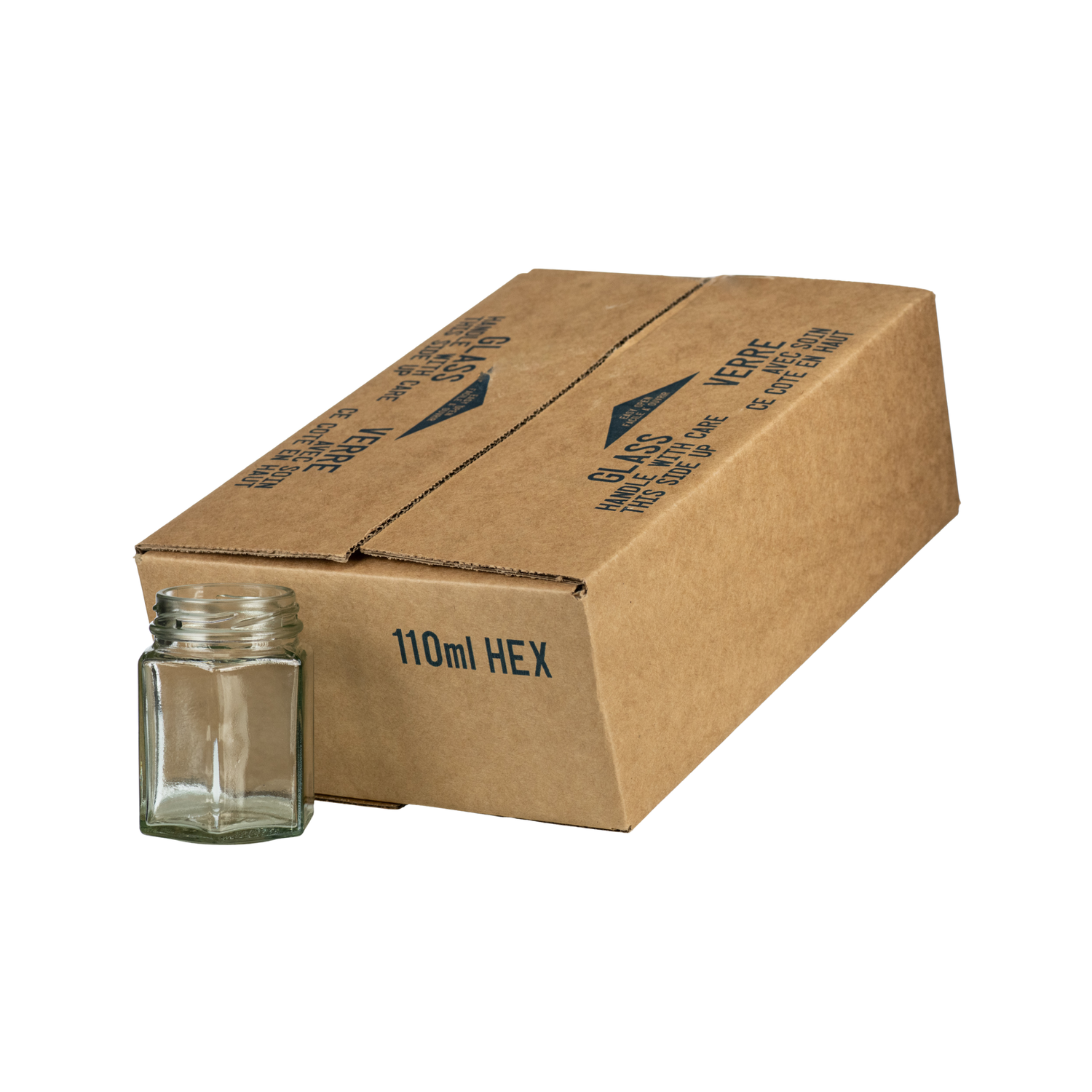 A case of 12 clear glass 110mL hexagonal jars, packaged in a cardboard box.