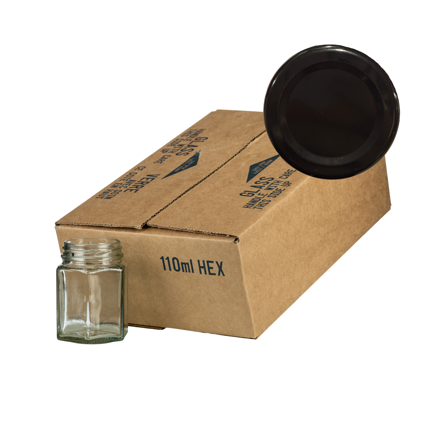 A case of 12 clear glass 110mL hexagonal jars, packaged in a cardboard box with a black lid in the corner on a white background