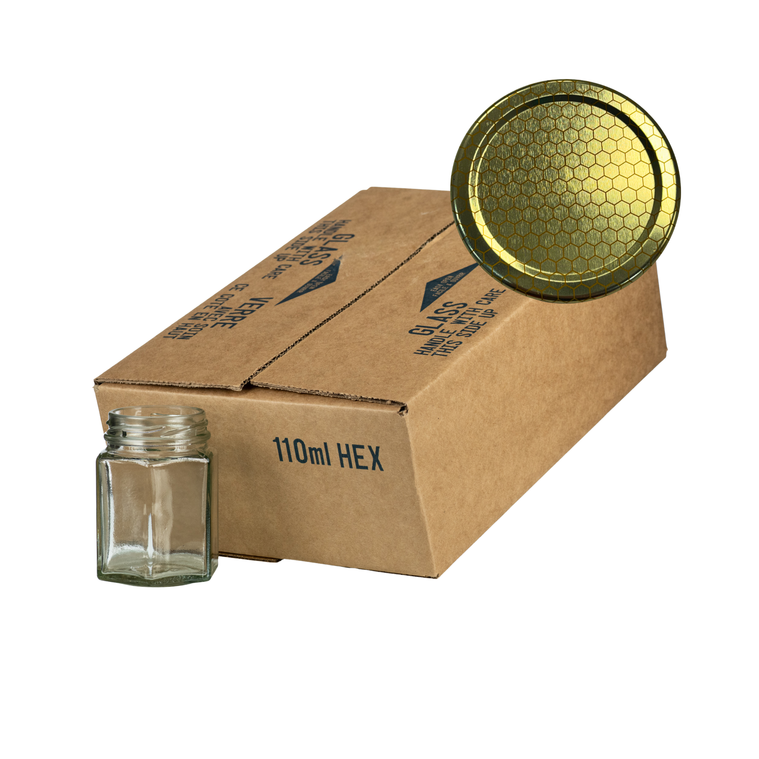 A case of 12 clear glass 110mL hexagonal jars, packaged in a cardboard box with a gold honeycomb lid in the corner on a white background
