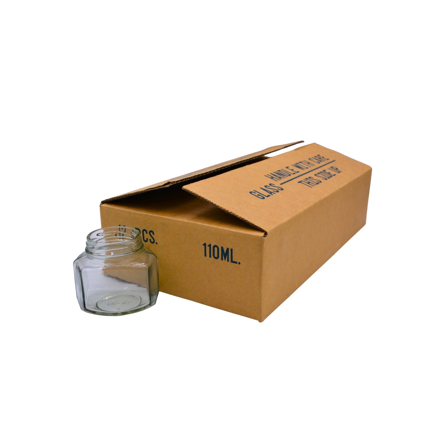 A cardboard box of glass jars with one of its corresponding jars next to it on a white background