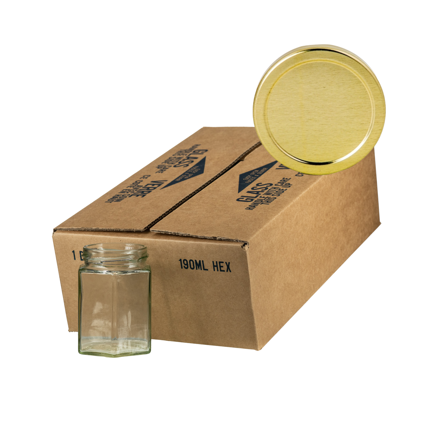 A case of 12 clear glass 190mL hexagonal jars, packaged in a cardboard box on a gold lid in the corner on a white background