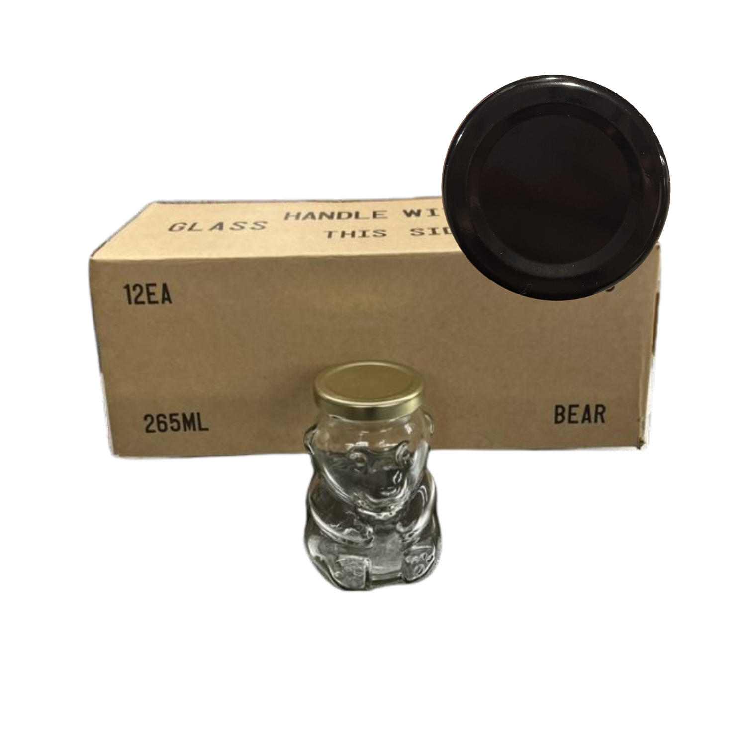 A case of 12 clear glass 265mL bear jars, packaged in a cardboard box with a black lid in the corner on a white background