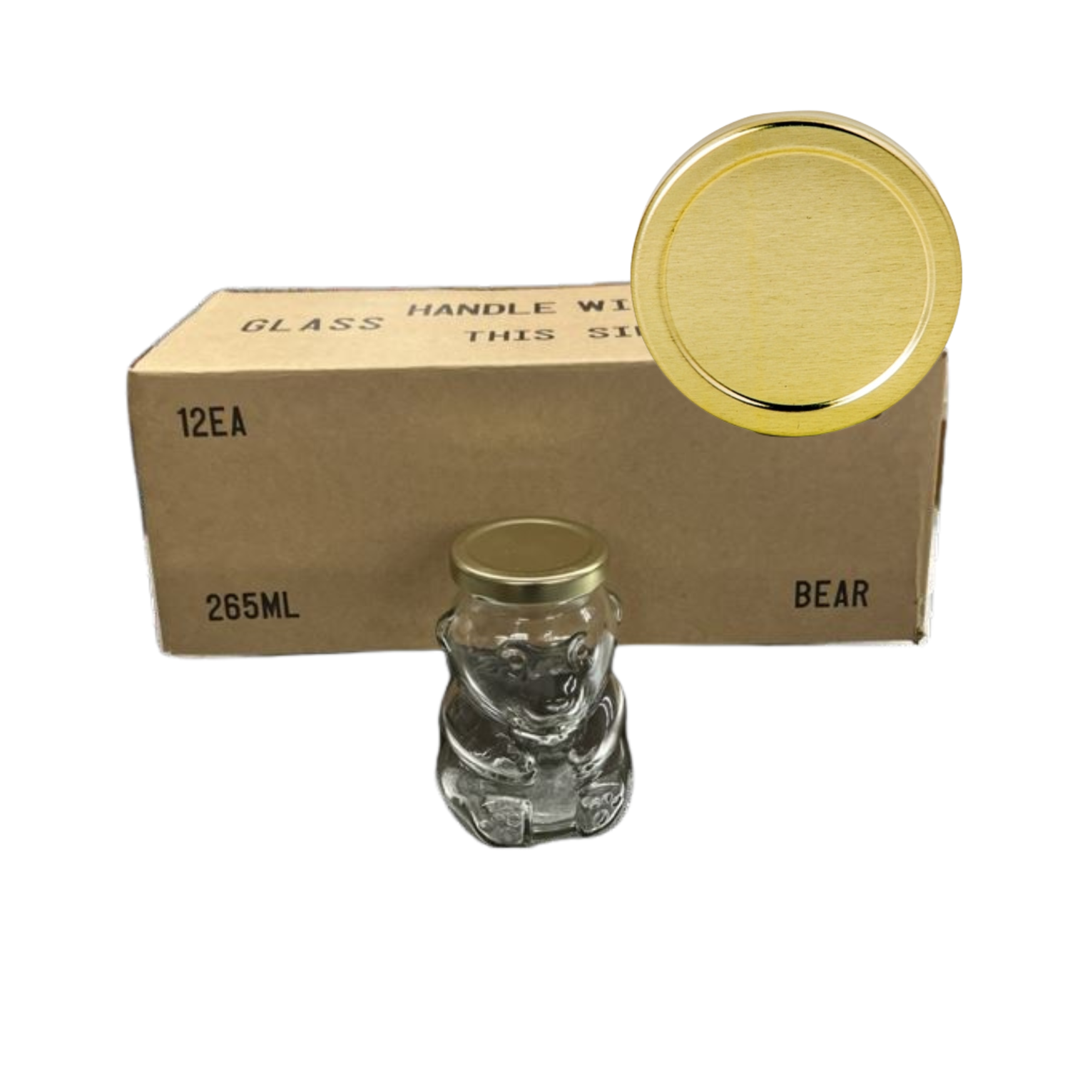 A case of 12 clear glass 265mL bear jars, packaged in a cardboard box on a gold lid in the corner on a white background