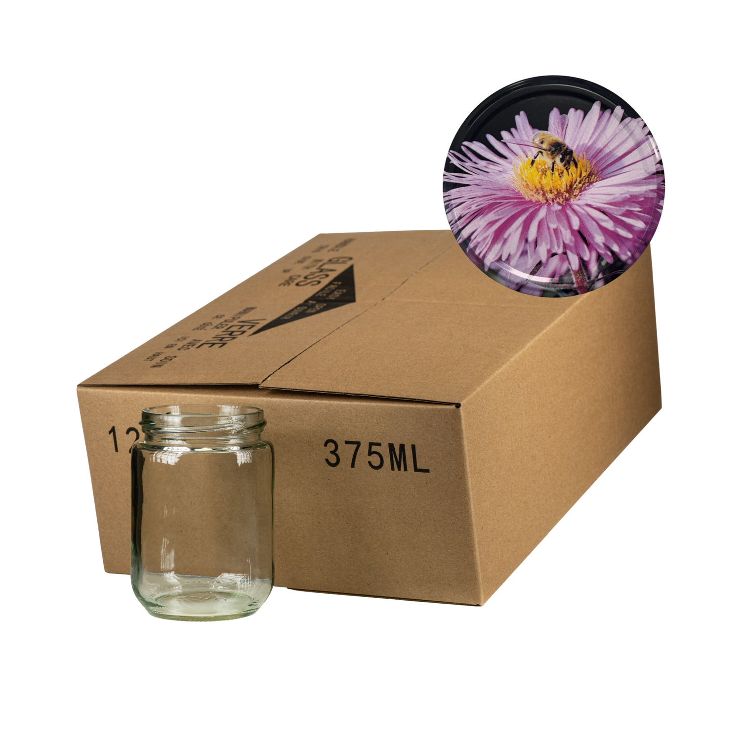 A case of 12 clear glass 375mL jars, packaged in a cardboard box on a pink flower lid in the corner on a white background