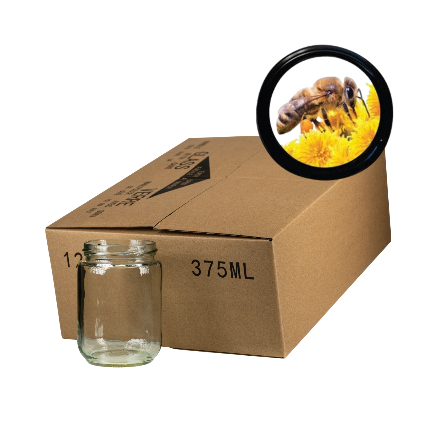 A case of 12 clear glass 375mL jars, packaged in a cardboard box with a yellow bee lid in the corner on a white background