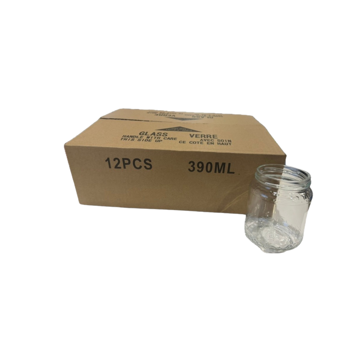A glass jar sitting next to a cardboard box containing a dozen of those jars on a white background