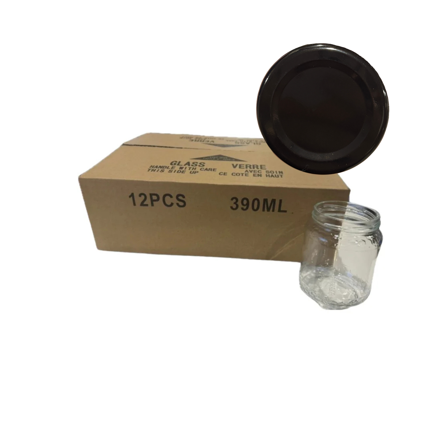 A 12-pack of 390ml clear glass jars with black lids, shown with a brown cardboard box and one individual jar on a white background.