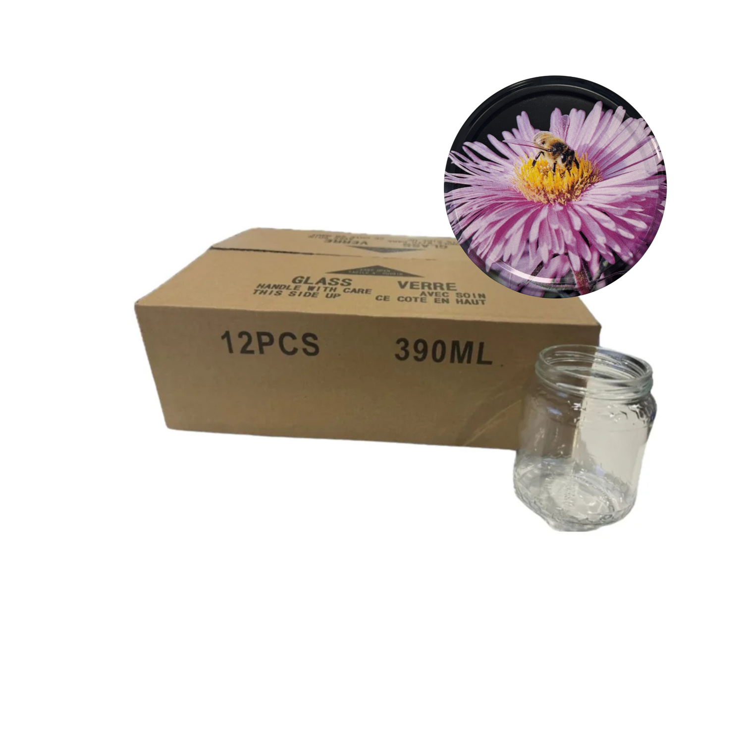 A 12-piece set of 390ml clear glass jars, including one open jar in the foreground and a brown cardboard box behind it. A circular inset at the top right shows a close-up of a pink flower printed on one of the jars.