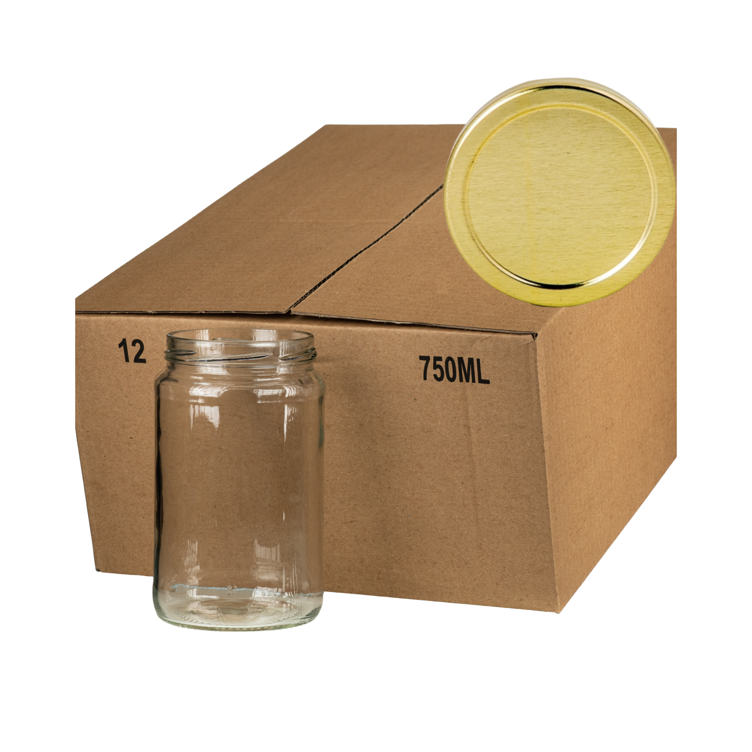 A case of 12 clear glass 750mL jars, packaged in a cardboard box on a gold lid in the corner on a white background