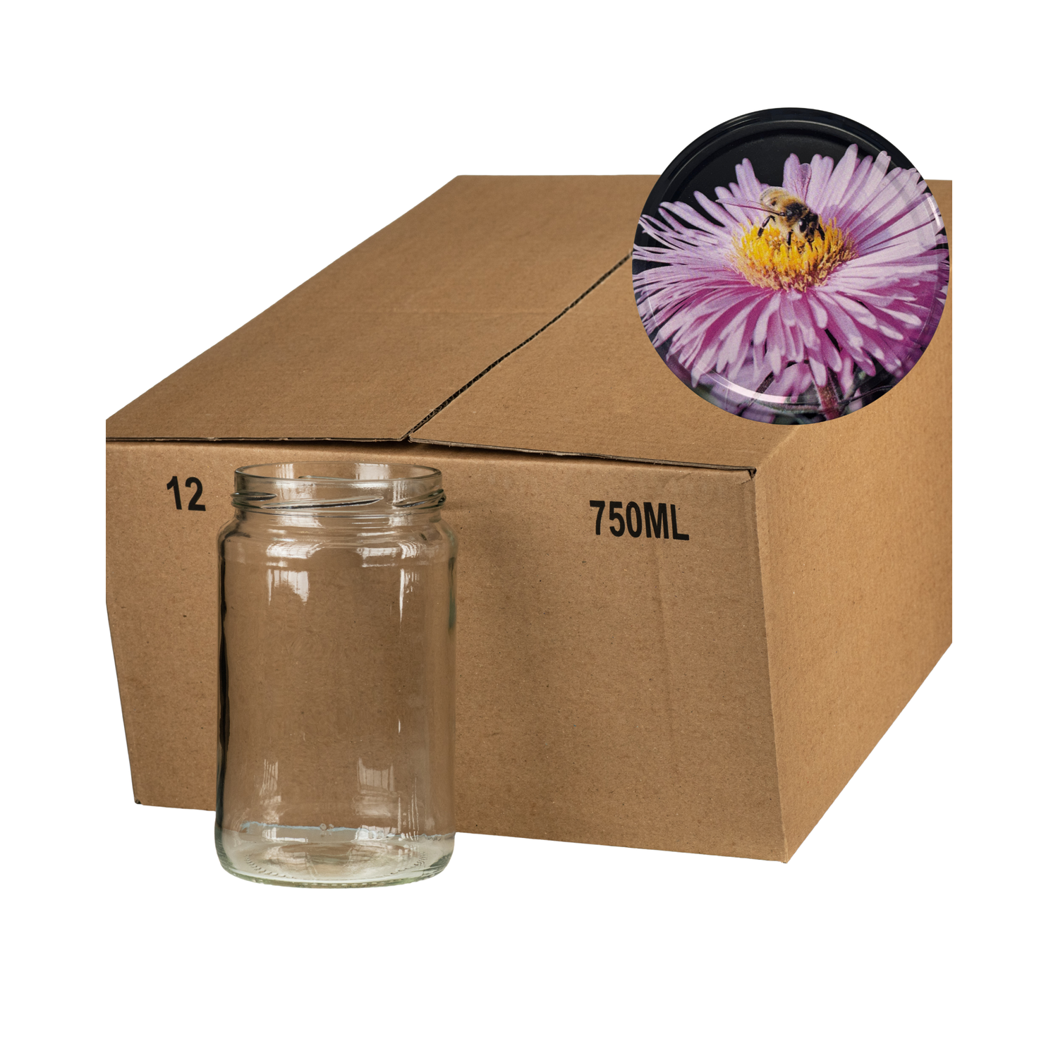 A case of 12 clear glass 750mL jars, packaged in a cardboard box with a pink flower lid in the corner on a white background