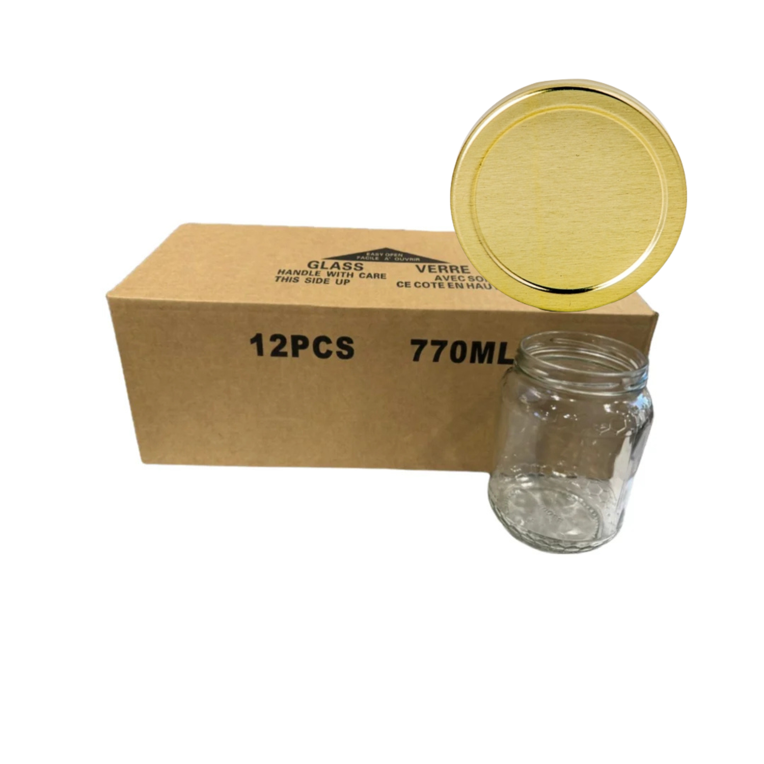 A 12-pack of 770ml clear glass jars with gold lids, shown with a brown cardboard box and one loose jar on a white background.